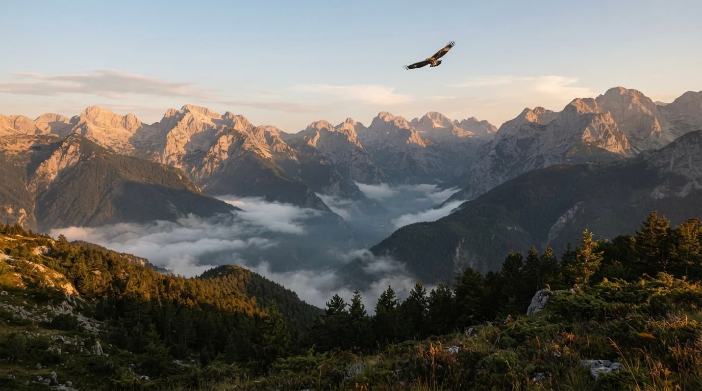 A mountain valley in the Albanian Alps at dawn