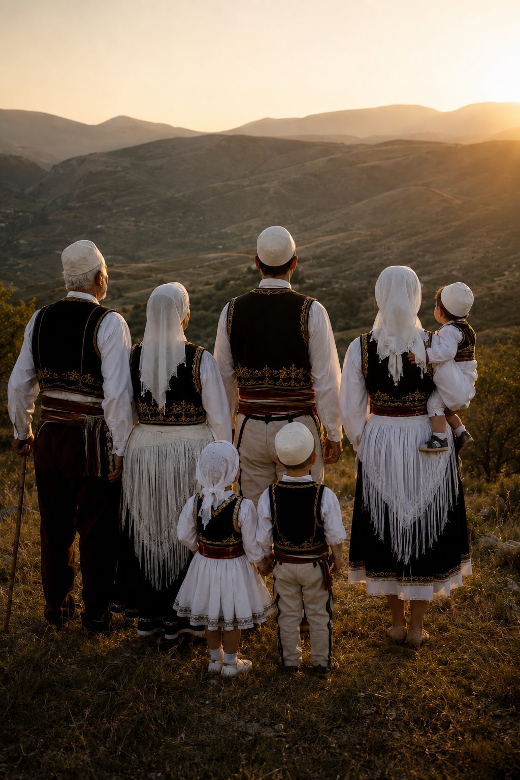 Three generations of an Albanian family in traditional dress standing together, looking out over the hills at sunset.
